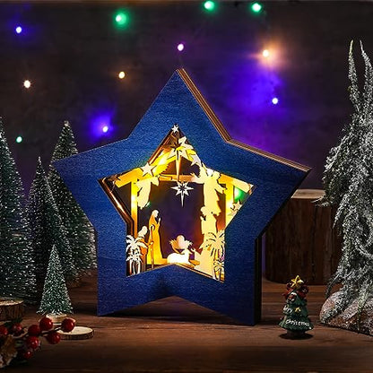 Bucherry Wooden Nativity Scene Christmas Tabletop Ornament,Blue White - style: Blue White