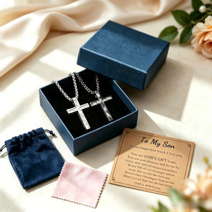 Cross Necklace for Boys Men, 2 PCS Soccer Cross Necklace Gift Set, 316L Stainless Steel Bible Verse Christian Jewelry Gifts for Boys Teens Men Soccer Players with Message Card, Gift Box, Black & Silver
