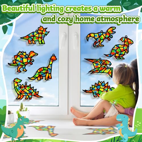 Lonfliness 32Sets Dinosaur Suncatchers Crafts Kit DIY Dino Window Stained Glass Effect Paper Dinosaur Animal Home School Classroom Decoration Art Craft Creative Activity Project Kid Gift Favor - style: Dinosaur