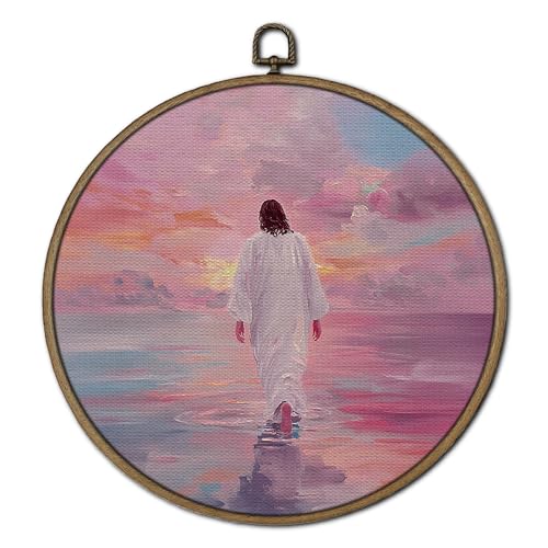 GTYNU Jesus Walking on Water Pink Round Wall Art Decor, Christian Canvas Prints Framed, Jesus Religious Savior Circle Wall Hanging Decorations for Home Bedroom Living Room, 10x10 Inch - color: Decor 02