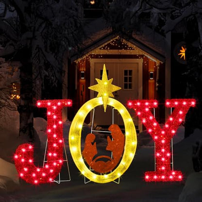 3 Pcs 35 Inch Outdoor Joy Christmas Nativity Scene Decorations w/ 110 LED Lights - Lighted Nativity Yard Sign for Xmas Outdoor Indoor Garden Lawn Holiday Decor