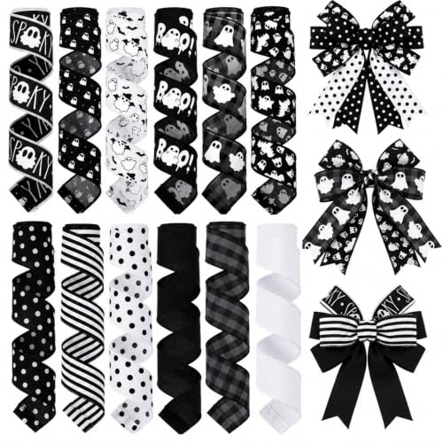 12 Rolls 60 Yard Ghost Halloween Wired Ribbon for Wreath Craft Bow - style: Black Ghost