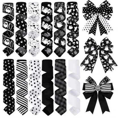 12 Rolls 60 Yard Ghost Halloween Wired Ribbon for Wreath Craft Bow - style: Black Ghost