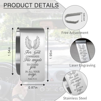 for God Commands His Angels to Guard You Engraved Stainless Steel Car Visor Clip, in All Your Ways Psalm 91:11, Inspirational Guardian Angel Safe Driving Gifts for Family Friend Traveller - color: silver019