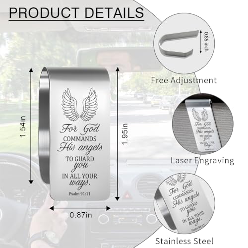 for God Commands His Angels to Guard You Engraved Stainless Steel Car Visor Clip, in All Your Ways Psalm 91:11, Inspirational Guardian Angel Safe Driving Gifts for Family Friend Traveller - color: silver019