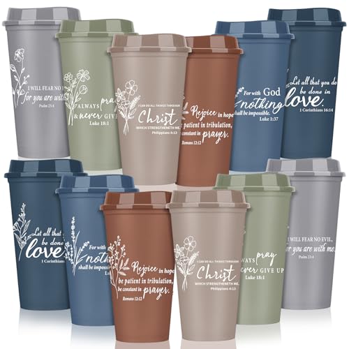 12 Pcs Fathers Day Cups Bulk Christian Gifts Plastic Reusable Coffee Cups with Lid 16 oz Inspirational Bible Verse Tumbler Religious Gift for Men Dad Church Sunday School(Morandi) - color: Morandi