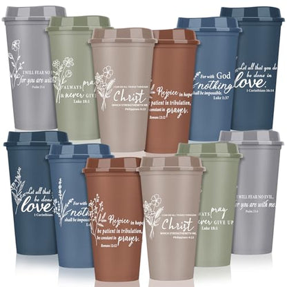 12 Pcs Fathers Day Cups Bulk Christian Gifts Plastic Reusable Coffee Cups with Lid 16 oz Inspirational Bible Verse Tumbler Religious Gift for Men Dad Church Sunday School(Morandi) - color: Morandi