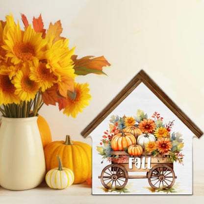 Fall Sign Decor, Pumpkin Harvest House Shaped Wood Block Sign - color: Fall-1
