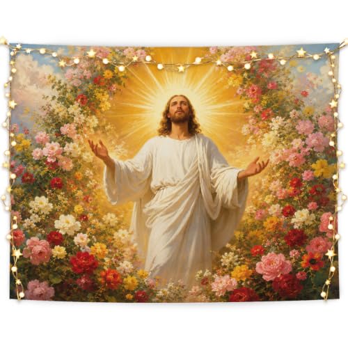 MOLYUB Christian Jesus Ascension Tapestry for Home Church Bedroom 50x60 - color: Jesus with Divine Light Among Flowers