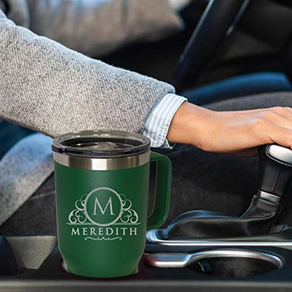 Custom Personalized 20 oz Stainless Steel Powder Coated Vacuum Insulated Double Walled Travel Tumbler Coffee Mug with Handle and Lid (Green) - color: Green