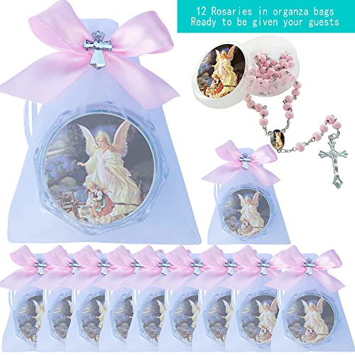 WE First Communon Baptism Pink Scented Rosary Favor - 12 Guardian Angel Rosaries with individual Gift Box and Decorated Pouches