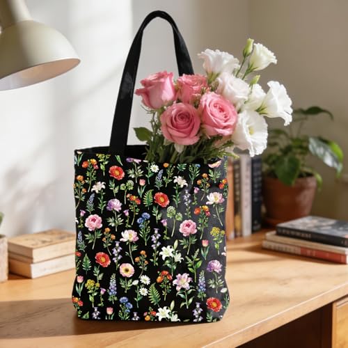2 Pack Canvas Tote Bag with Makeup Zipper Pouch Colorful Polyester Printed Reusable Shopping Bags for Women - style: Black Flower