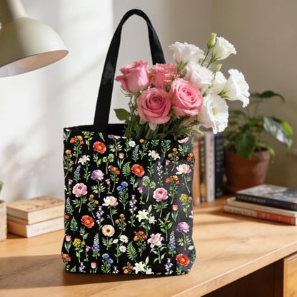 2 Pack Canvas Tote Bag with Makeup Zipper Pouch Colorful Polyester Printed Reusable Shopping Bags for Women - style: Black Flower