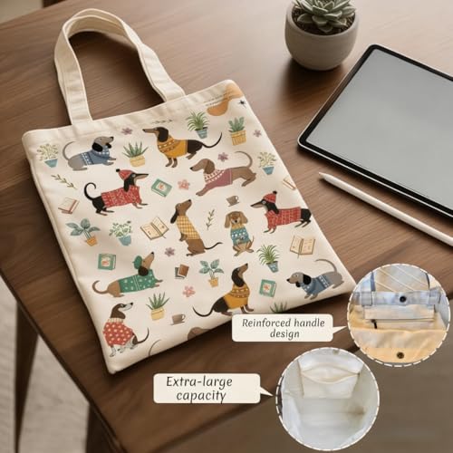 Canvas Tote Bags Reusable Shopping Bag for Women with Zippered Inner Pocket Magnetic Snap Closure - color: Dachshund