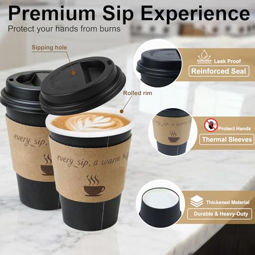 12oz Disposable Coffee Cups with Lids, Kraft Sleeves & Straws, 100 Pack Black Paper Hot Drink Cups - color: Black, size: 12oz-100Pack