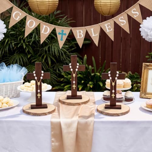 Novabright 6 Sets Baptism Centerpieces Table Decorations First Communion Wooden Cross Ornament Set with Mini Rosary Beaded Wood Slices for Baptism Celebration Church Ceremony Party Decor Gift