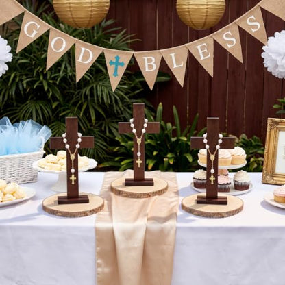 Novabright 6 Sets Baptism Centerpieces Table Decorations First Communion Wooden Cross Ornament Set with Mini Rosary Beaded Wood Slices for Baptism Celebration Church Ceremony Party Decor Gift