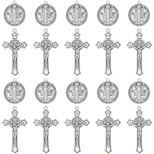 20 Pcs Catholic Rosary Making Kit, 10 St. Benedict Medals & 10 Crucifix Cross Pendants, Antique Bronze Metal Charms Connectors for DIY Pocket Rosaries, Necklaces and Jewelry Crafts (Antique Silver) - color: Antique Silver