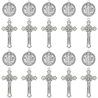 20 Pcs Catholic Rosary Making Kit, 10 St. Benedict Medals & 10 Crucifix Cross Pendants, Antique Bronze Metal Charms Connectors for DIY Pocket Rosaries, Necklaces and Jewelry Crafts (Antique Silver) - color: Antique Silver