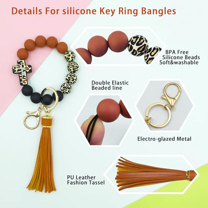 SHINYHARBOR Silicone Beaded Wristlet Keychain Bracelet,Key Wrist Keychains for Women Mom Teachers Best Friend - color: Cross-brown