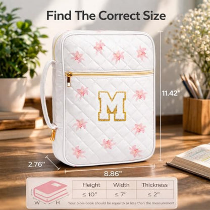 Bible Bag for Women, Bible Cover Case with Study Supplies, Initials Personalized Quilted Bible Bag, Large Chenille Bible Cover – Christian Gift for Girls (Pink Lilies-M)