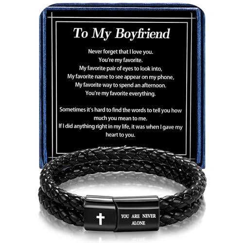 Christian Bracelet for Men, Bible Verse Leather Cross Gift for Men - color: A-To My Boyfriend