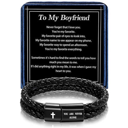 Christian Bracelet for Men, Bible Verse Leather Cross Gift for Men - color: A-To My Boyfriend