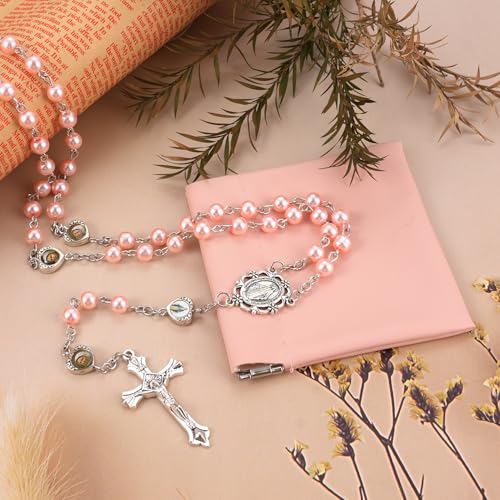 Rosary Beads Catholic, Rosary Necklace with Leather Pouch with Magnetic Top Bag for Men and Women Christian Gifts - color: Pink