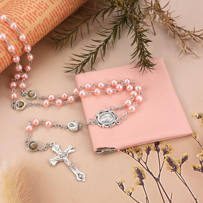 Rosary Beads Catholic, Rosary Necklace with Leather Pouch with Magnetic Top Bag for Men and Women Christian Gifts - color: Pink