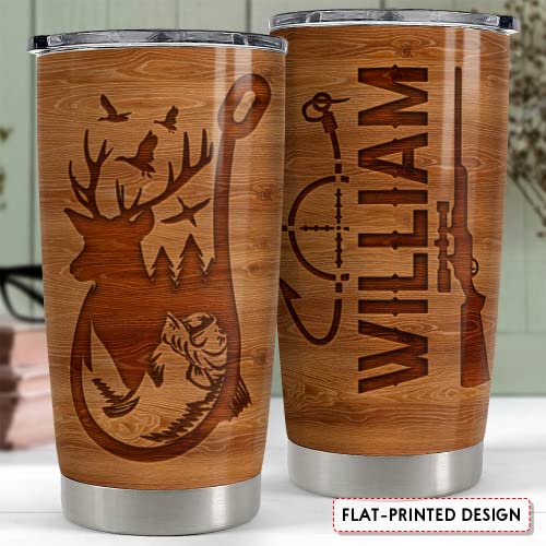 SANDJEST Personalized Hunting Tumbler Fishing and Hunting Love Wood Drawing 20oz 30oz Tumbler with Lid for Father Man Fishing Hunting Lover - color: Hunting