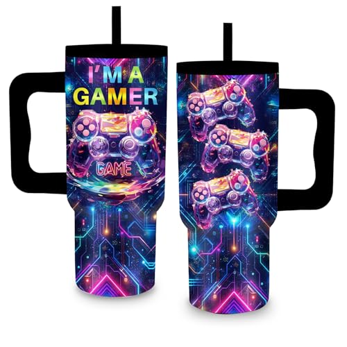 24oz Game Tumbler with Handle & Straw, Gift For Gamer, Insulated - color: Game1