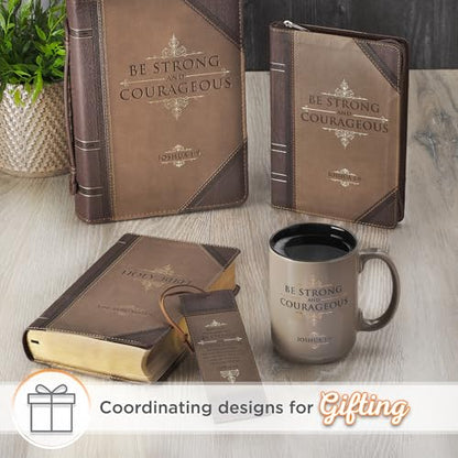 Christian Art Gifts Large Ceramic Coffee Scripture Mug for Men & Women - color: Tan & Black/Strong & Courageous