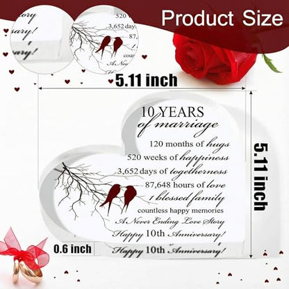 Qunclay 10th Marriage Gift for Parents Couple 10 Years Wedding Anniversary Souvenir Heart Marriage Keepsake Wedding Anniversarys Decorations for Women Men Mom Husband Wife He She Friend Grandparents - style: 10th