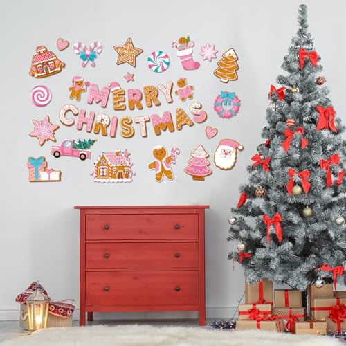 Kosiz 54 Pcs Merry Christmas Bulletin Board Pink Gingerbread Cutouts Decor - style: Merry Christmas