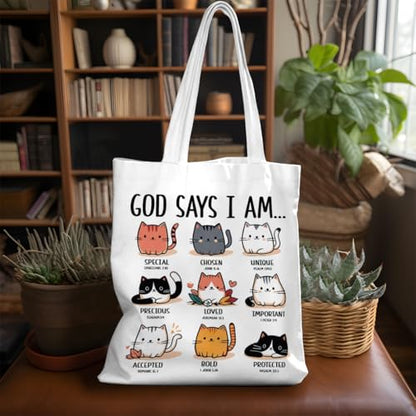 VICBOU Bible Verse Canvas Tote Bag, Inspirational Religious Christian Gifts for Women Men Canvas Tote Reusable Grocery Bags - color: Godsays07