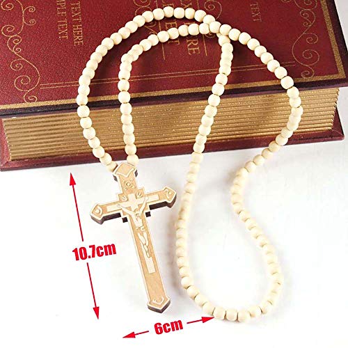 DATOA Religious Wooden Cross Large Big Jesus Crucifix Pendant Natural Wood Natural Rosary Colorful Beads Chain Necklace Christian Prayer Baptism Jewelry Easter Gift For Men Women - color: Red