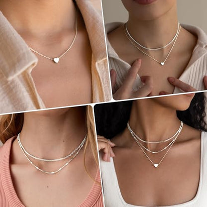 Poxtex Layered Gold Necklaces for Women, Stackable Dainty 14K Gold Silver Plated Trendy Simple Heart Diamond Cross Bow Circle Pendant Paperclip Choker Dot Chain Necklace,Jewelry Set Gifts for Women - color: Silver, style: Heart2