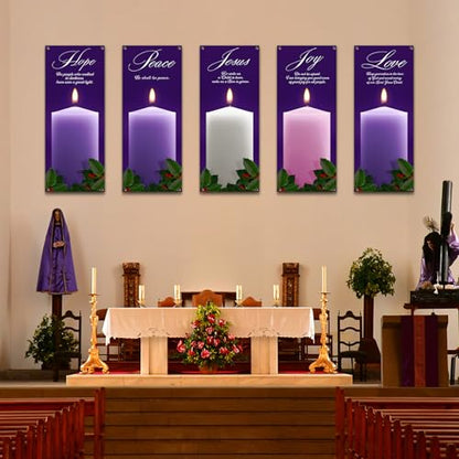 5Pcs 2x5 Ft Religious Church Banner with Scripture Christian Candles Banners for Sanctuary Wall Hope Peace Joy Love Jesus Prayer Flag Welcome Religious Praise Hanging Signs Decor for Holiday Church - size: 2x5Ft