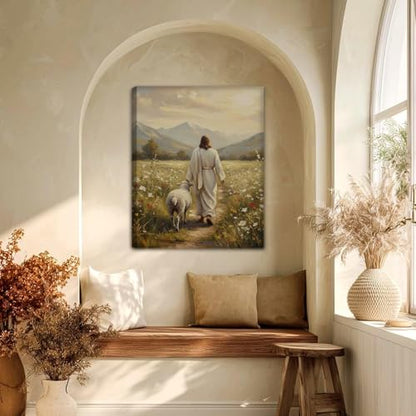 Jesus Leaves The 99 Sheep Canvas Wall Art Jesus and Lamb Posters Prints - size: 24"L x 16"W