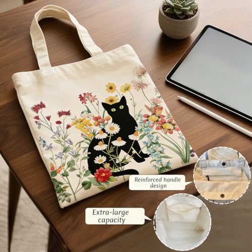Canvas Tote Bags Reusable Shopping Bag for Women with Zippered Inner Pocket Magnetic Snap Closure - color: Black Cat 4