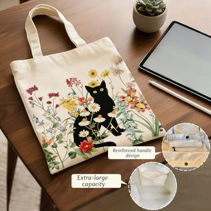 Canvas Tote Bags Reusable Shopping Bag for Women with Zippered Inner Pocket Magnetic Snap Closure - color: Black Cat 4