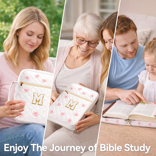 Bible Bag for Women, Bible Cover Case with Study Supplies, Initials Personalized Quilted Bible Bag, Large Chenille Bible Cover – Christian Gift for Girls (Pink Lilies-M)
