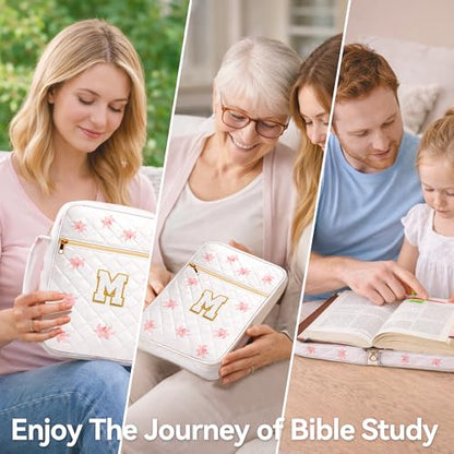 Bible Bag for Women, Bible Cover Case with Study Supplies, Initials Personalized Quilted Bible Bag, Large Chenille Bible Cover – Christian Gift for Girls (Pink Lilies-M)