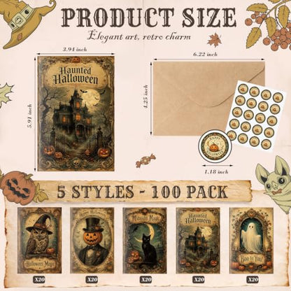 Eaasty 100 Pcs Cards with Stickers, Envelopes, Vintage Halloween Style - style: Vintage Halloween Style