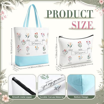 Aliceset 6 Pcs Religious Christian Gifts for Women Bible Verse Tote Bag Cosmetic Bag Glass Cup Keychain for Catholic Church(Blue) - color: Blue