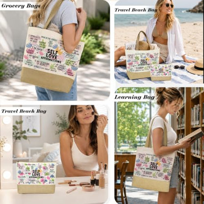 jeilink Inspirational Religious Gifts Boss Mom Birthday Christmas Tote Bag Canvas Reusable Grocery Beach Tote Black Pink - color: Self Love Affirmations 1743