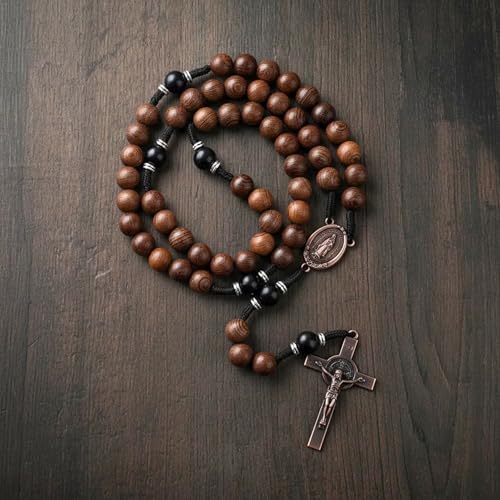 Nazareth Store Classic 10mm Solid Wood Rosary Beads Necklace for Men Olive & Dark Red Wooden Strong Rugged Corded Catholic Rosary with St.Benedict Medal & Cross Crucifix - color: Olive & Black Wood, style: Guadalupe