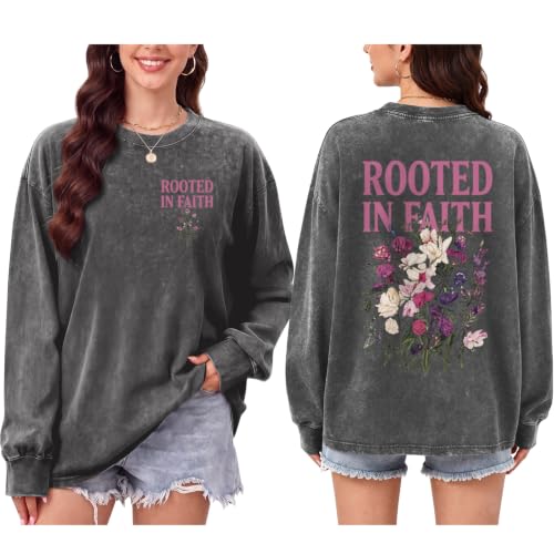 Oversized Christian Long Sleeve Shirts for Women Faith Bible Verse Floral Graphic Tees Acid Wash Vintage Sweatshirts - color: Gray, size: Small