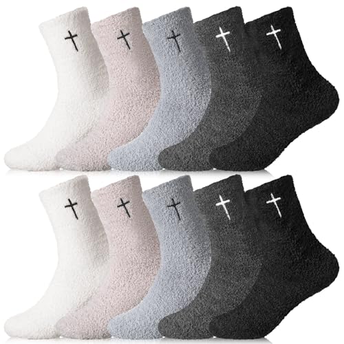 Cutecrop 5 Pairs Christian Gifts Socks Cross Print Fuzzy Socks Jesus Gifts Religious Fluffy Cozy Slipper Sock for Women Men - color: Light Color