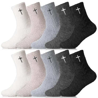 Cutecrop 5 Pairs Christian Gifts Socks Cross Print Fuzzy Socks Jesus Gifts Religious Fluffy Cozy Slipper Sock for Women Men - color: Light Color